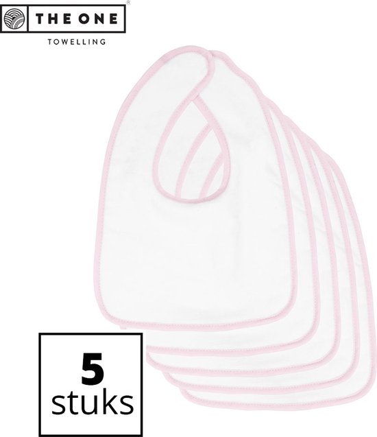 The One Towelling Baby Slab - 26 x 37 cm - 5 Stuks - Voordeelverpakking - Slabbetjes - 100% Katoen - Klittenband sluiting - Wit/Roze van The One