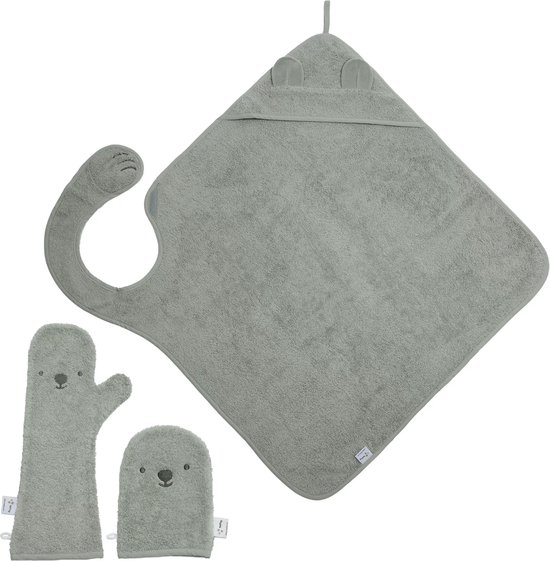 The Original Baby Shower Glove met Handsfree Badcape en Washandje - Nifty - Baby Washandje - Lange washand - Badcape 100x100 - Washandje Baby - Biologisch Katoen – Olive van Merkloos