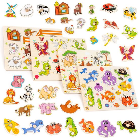 The Twiddlers set van 4 felgekleurde houten puzzels - Boerderij, Oceaan, Insecten en Jungle Dieren - Perfecte speeltjes voor kleuters - Helpt bij vroegtijdig leren en intellectuele ontwikkeling. van T
