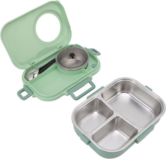 Thermo-lunchbox 1100 ml - Dubbellaagse Box voor Kinderen en Volwassenen - BPA-vrij en Draagbaar - 3 Vakken (Groen)