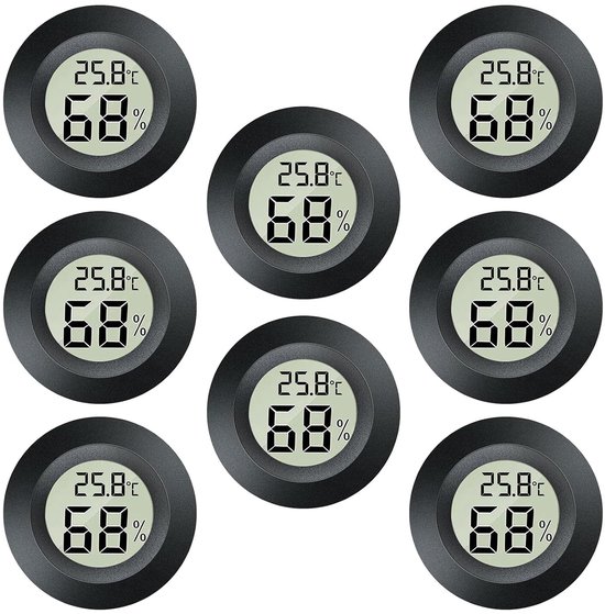 Thermometer, hygrometer, 8 stuks, mini-lcd-digitale hygrometer, thermometer, 2-in-1 voor binnen en buiten, vochtigheidsmeter, temperatuurmeter, hygrometer, binnen, voor kas, kelder, zwart