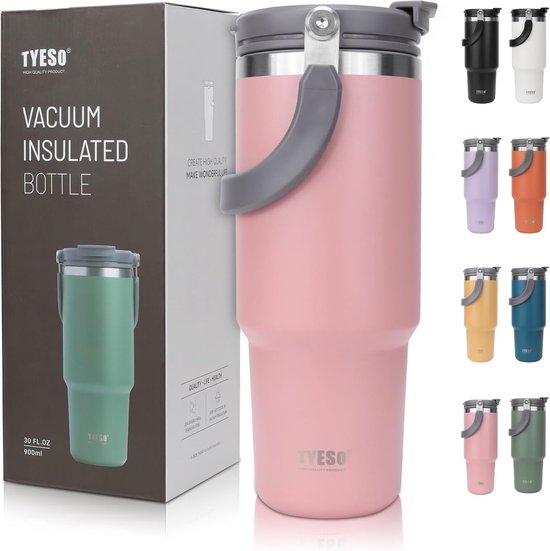 Thermomok 900 ml drinkbeker met deksel en rietje van roestvrij staal isolatie van warme en koude dranken koffiemok voor water, koffie of ijsthee (roze) van T