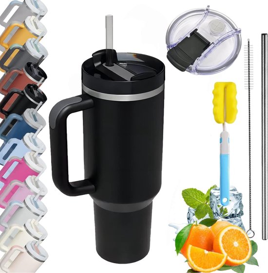 Thermomok met handvat, rietje, isoleerbeker met rietje en handvat, koffiemok voor onderweg, thermische mok, automok, drinkbeker, reismok met handvat en rietje van T