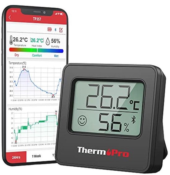 ThermoPro TP357 Room Thermometer Thermometer Hygrometer Bluetooth 80 m Digital with App Humidity Meter with Smiley Indicator and Graph Black