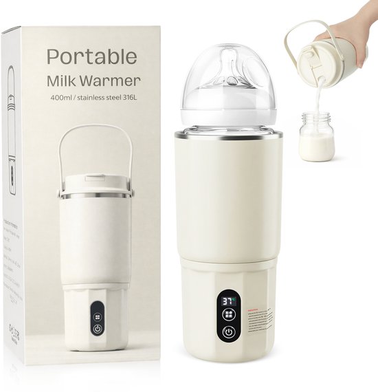 Thermosfles Flessenwarmer - 2-in-1 - BabyCare - Snelle Opwarming Moedermelk & Water - Pasteurisatie - 24U Constant Temperatuur - 400ml - 10400mAh - Beige