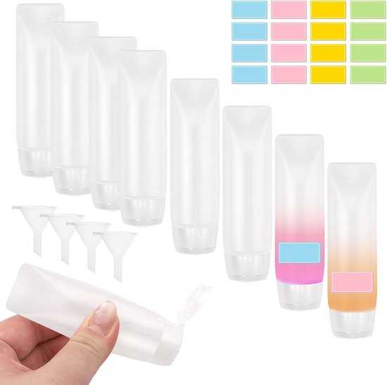 Thijox - 12-delige reisset met 8 tubes tandpasta (28 g), navulbare knijpflesjes, 4 trechters en etiketten - Lekvrije containers voor lotions en verzor