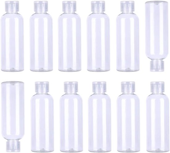 Thijox - 12 Stuks Reisflessen 100 ml - Lege Plastic Vloeistof Containers voor Vliegtuig - Transparante Flessen met Klapdeksel voor Reizen, Camping, Sp