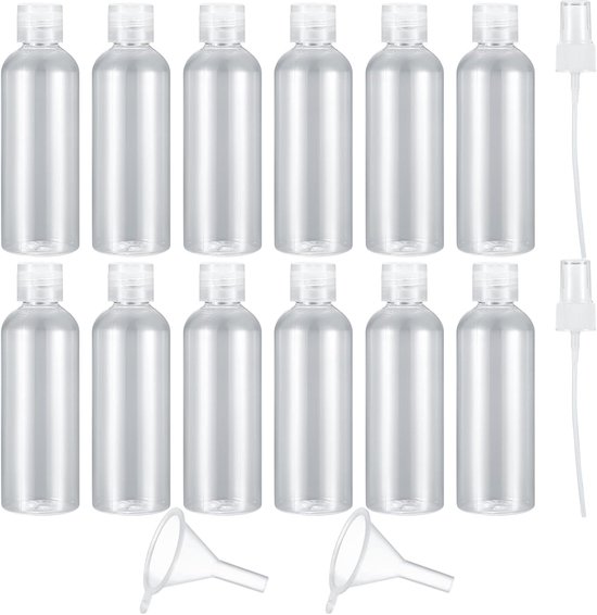 Thijox - 12 Stuks Reissetjes 100 ml Cosmetische Flesjes - Plastic Reiscontainers met Spuitmondjes en Trechters voor Vliegreizen, Zakenreizen, Shampoo