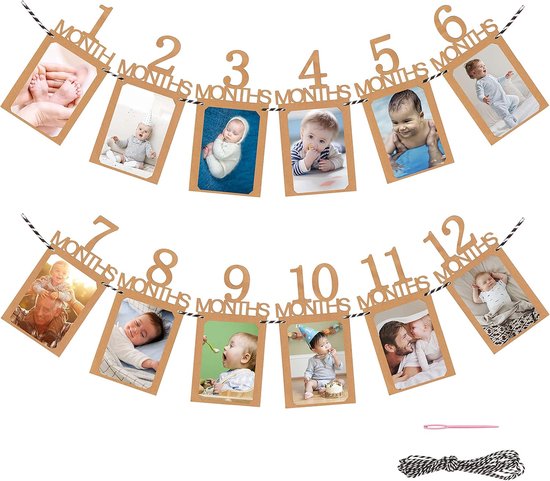 Thijox - 1e Verjaardag Fotobanner met Levenslange Garantie - Baby Mijlpaal Slinger, 12 Kraftpapier Kaarten voor Foto's per Maand, Inclusief Koord & Na