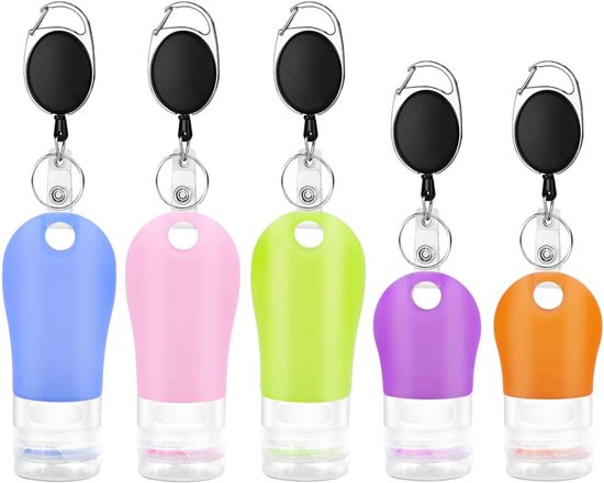 Thijox - 3 stuks 60 ml & 2 stuks 38 ml reis siliconen navulbare flessen set met karabijnhaak clip, lekbestendige containers voor handdesinfectiemiddel