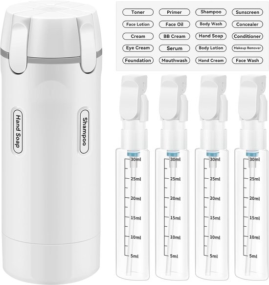 Thijox - 4-in-1 Reisdispenser, 4 Stuks 30 ml Navulbare Reisflessen, Lekvrije Draagbare Containers voor Shampoo, Conditioner, Lotion, Perfect voor Zake