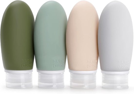 Thijox - 4x 100ml Siliconen Reisflesjes Set met Etiketten - Lekvrije Navulbare Lege Reisflessen voor Cosmetica, Shampoo, Vloeistoffen - BPA-vrij en TS