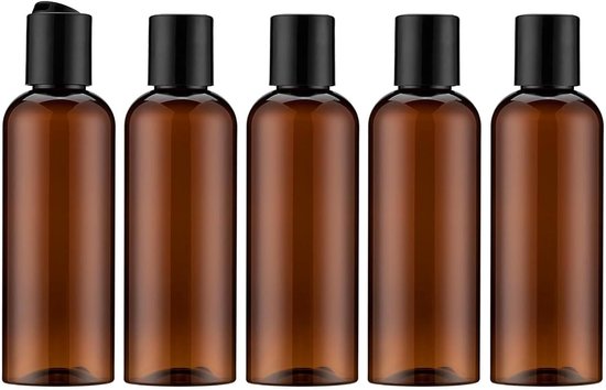 Thijox - 5 Stuks 100 ml Lege Reisfles - Lekvrije Containers voor Shampoo, Lotion, Cosmetica - Navulbare Bruine Flessen met Etiket voor Reizen, Camping