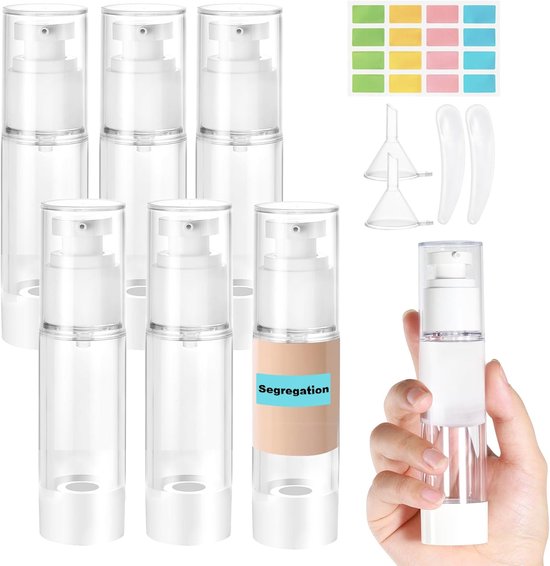 Thijox - 6 Stuks 50ml Airless Pompdispenser Lege Pompfles, Navulbare Vacuümlotionpompflessen met Spatel, Trechter en Stickers voor Lotions, Shampoos e
