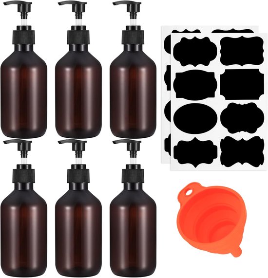 Thijox - 6 Stuks Lege Shampoo Flessen met Pomp, Dispenser Flessen voor Douche Lotionen en Shampoos, 300ml Plastic Flacons met Trechter en Etiketten, I