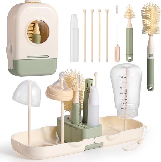 Thijox - 7-in-1 Flessenborstel Baby Set met Siliconen Flessenborstel, Tepelborstel, Stroborstel, Zeepdispenser en Droogrek voor Keuken en Babyverzorgi