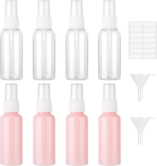 Thijox - 8 Stuks 50ml Spray Fles Set, Lege Plastic Verstuiver met Fijne Mist, Navulbare Draagbare Reizen Fles voor Water, Alcohol, Parfum (4 Transpara