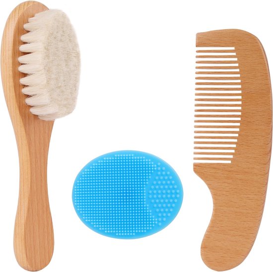 Thijox - Beugo Baby Haarborstel 3-delige Set met Houten Borstel, Geitenharen, Kam en Siliconen Borstel voor Peuters, Zachte Borstels voor Pasgeboren J