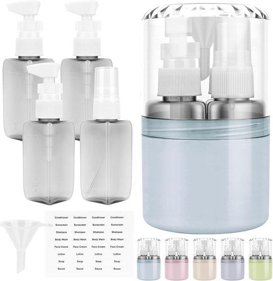 Thijox - Hervulbare Reisdispenser 4-in-1 Set - 4 x 50 ml Reisflesjes in Harde Beschermhoes - Lekvrije Shampoo-Containers met Pompdispensers en Spuitfl