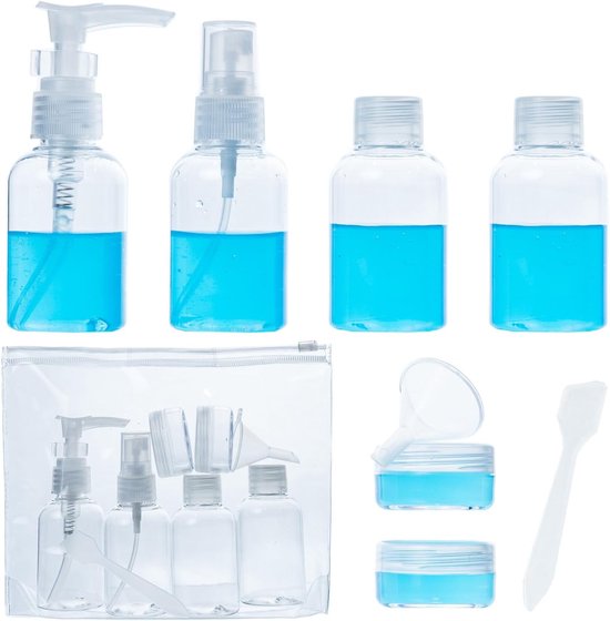 Thijox - Navulbare Reisflessenset voor Vloeistoffen, Lekvrije 9-delige Reisset voor Shampoo, Crème, Contactlenzen, Spray, Gel, Vliegtuig, Auto, Trein,