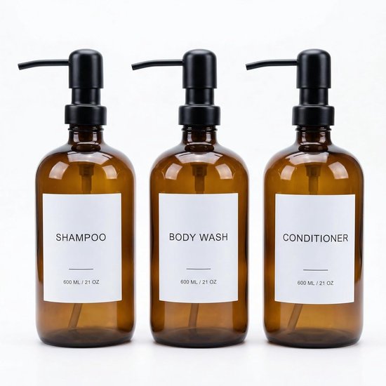 Thijox - Shampoo- en Conditionerdispenser Set van 3 - 600 ml Hervulbare PET Doucheflessen met Roestvrijstalen Pomp en Trechter - Bruin, Perfect voor B