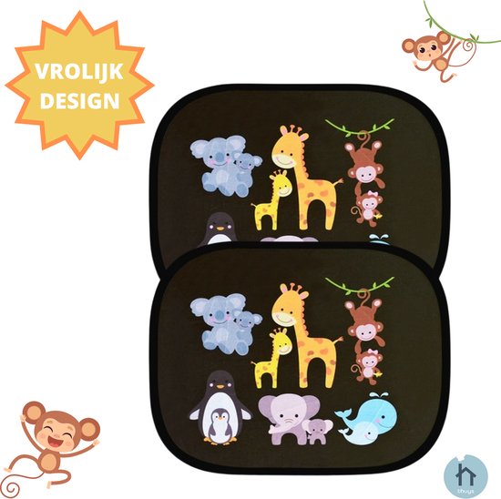 Thuys Zonnescherm Auto Baby - Zonwering Zijruit 2 Stuks - Zonnescherm Kind met Diertjes - 2-pack - Opvouwbaar
