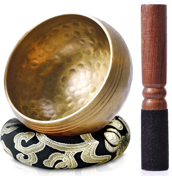 Tibetaanse Klankschaal Set | Meditatie Schaal met Aanstrijkhout & Kussen | Singing Bowl | Klank Schaal | Yoga, Chakra | Zwart - 8 cm van Merkloos