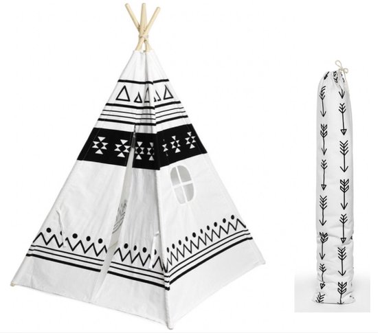 Tiepietent katoen - met opberghoes - ecru/wit met zwarte tekeningen - houten stokken van Merkloos