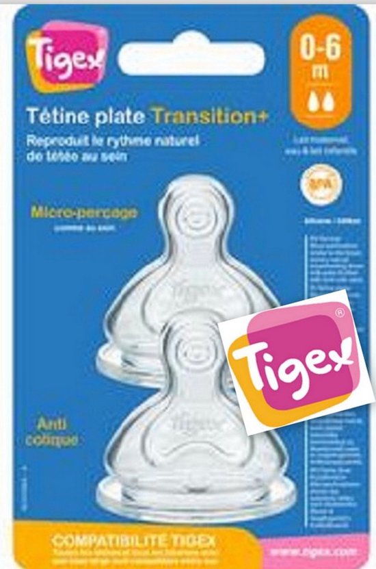 Tigex | Overgang + babyfopspeen | anti-koliek brede hals zuiger | 0-6 m | 2 stuks 0-6 maanden