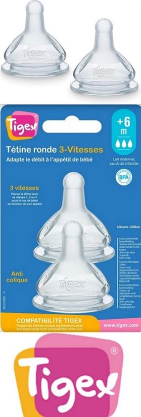 Tigex | Ronde fopspeen van siliconen | 3 snelheden | anti-koliek | +6 m | 2 stuks 6+ m van T