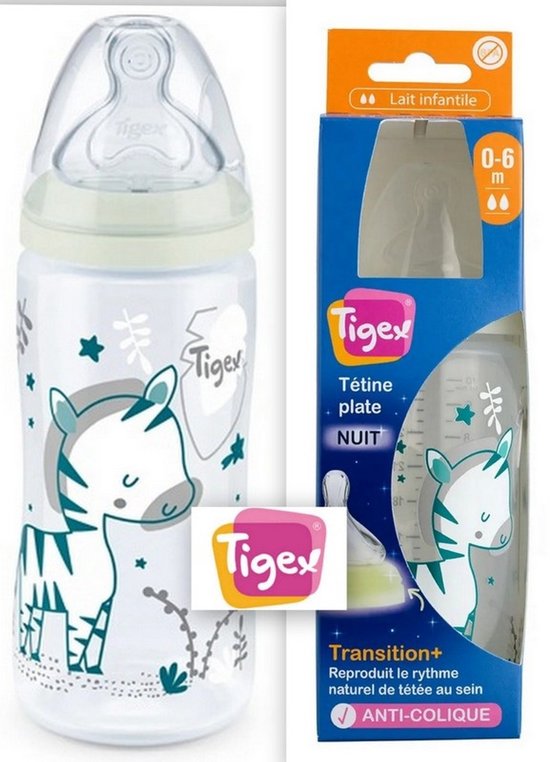 Tigex | TRANSITION+ | Babyfes 300ml | Fosforescerende nacht | silicon speen 0-6 m | 0-6 maanden