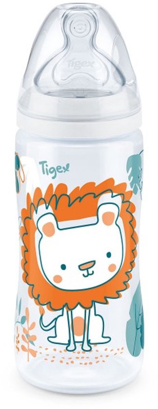 Tigex Transition+ Babyfles 300ml met Temperatuurindicator | Platte Anti-Koliek Speen +6m | Ideaal voor overgang van borstvoeding naar fles 6+ m