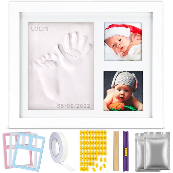 TIKIBOE Baby Fotolijst - Gipsafdruk baby - Klei Afdruk Baby Voet en Hand - Kraamcadeau Jongen of Meisje - Babyshower - Kraampakket/Geboorte Cadeau - Baby Art - Incl. Colour Frames - Kraam Cadeau van Tikiboe
