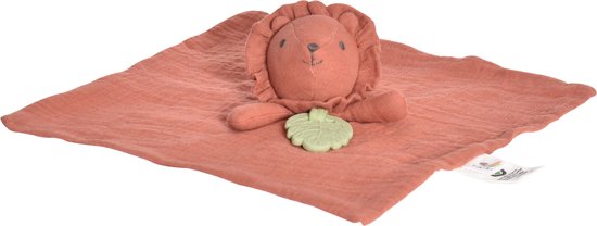 Tikiri Safari: KNUFFELDOEKJE in biologisch katoen, rood - LEEUW met bijtring in natuurlijk rubber 30x30cm, op kaart, 0+ van Merkloos