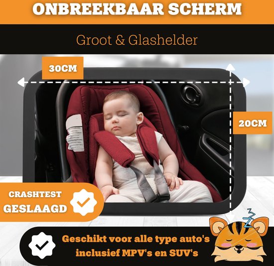 Tiny Tiger Baby Autospiegel - Onbreekbaar Glas & 360 Graden Draaibaar - Verstelbaar Hoofdsteun Achteruitkijk Kinder Spiegel - Achteruitkijkspiegel Kind - Veiligheidsspiegel Peuter - Achterbank Spiegel Kleuter - Geschikt voor Maxi Cosi Autostoel van T