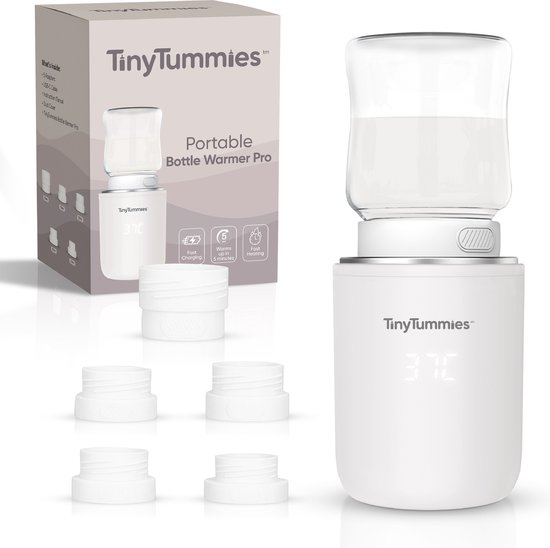 TinyTummies® Flessenwarmer Pro 2026 – Flessenwarmer Onderweg - Draagbare Flessenwarmer - Flesverwarmer - Snel en Veilig Opwarmen – Flessenwarmers – 4 Temperatuurniveaus - Flessenwarmer Draadloos – USB Oplaadbaar – Incl. 5 Adapters - 13.200 mAh - Wit