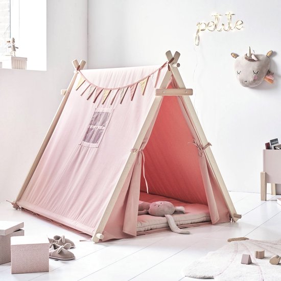 Tipi Speeltent Roze - Tipi Tent voor Kinderen met Vrolijke Slinger - 100% Katoen - Extra Veilig door Netraampje & Massief Houten Tentstokken van Tiny Riot