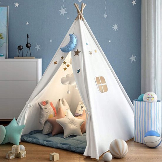 Tipi Tent Voor Kinderen - Speeltent voor Binnen - Kinderspeelhuisje - 120x120x130 cm - Veilig & Licht - Katoen & Paulowniahout - met Zijraam - Hoekdecoratie Voor de Kinderkamer