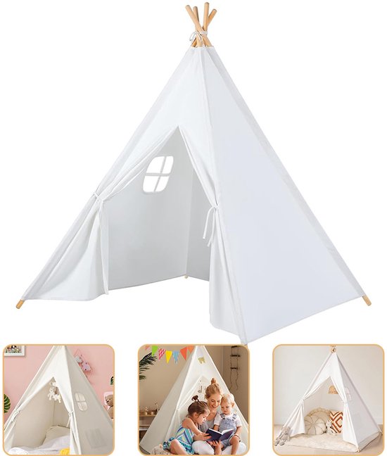 Tipi Tent - Wigwam Speeltent met Ramen van Katoen -120x120x130cm - Wit van Pericles Kids.