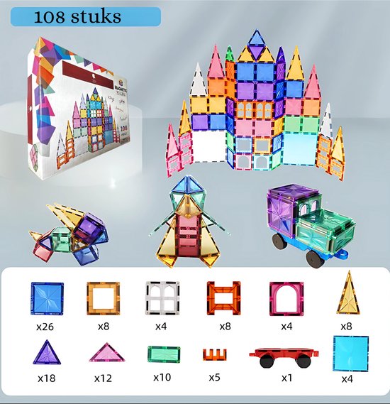 Tissy® - Magnetisch Speelgoed – 108 stuks - Constructie speelgoed - Magnetische tegels - magna minds - Montessori - speelgoed - Magnetic toys - Magnetische bouwstenen - Speelgoed Kinderen - Magna minds- Magnetic Tiles - Cadeau van Tissy