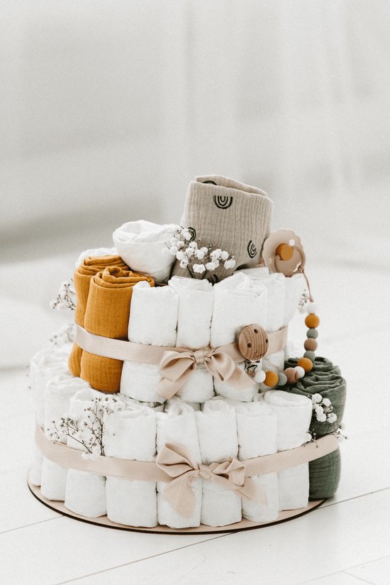 TISU Luiercake - Baby Giftset - Beige - 40 Luiers Maat 2 - Inclusief Hydrofiele Doeken En Fopspeen