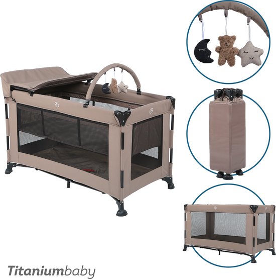 Titaniumbaby Campingbed SOLID Emma Lush Taupe *NIEUW* inclusief Verschoontafel|Speelboog|Klamboe & bodemverhoger van Merkloos