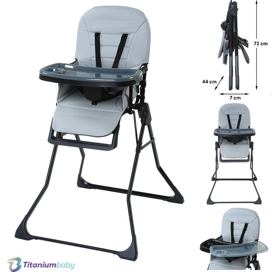 Titaniumbaby Kinderstoel Bistro Glacier Grey / Eenvoudig reinigbare bekleding / Extra afneembaar eetblad / Verstelbaar eetblad / Compact inklapbaar design van Titaniumbaby