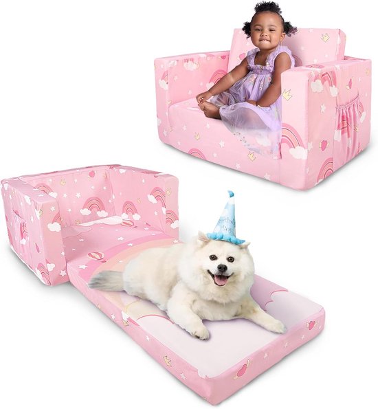 Toddler Sofa: 2-in-1 Sofa to Deck Chair, Folding Sofa, Comfortable Chair, Baby Sleeper (Pink Unicorn)