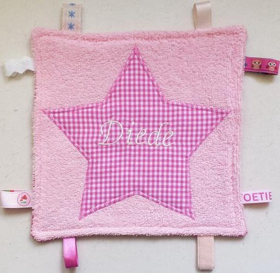 Toetie & Zo Handgemaakt Tutteldoekje Ster Roze met Naam geborduurd, labeldoekje, knuffeldoekje, gepersonaliseerd van T