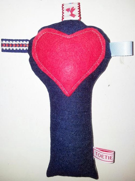 Toetie & Zo Handgemaakte Rammelaar Jeans - Knuffel -  Blauw- Rood - Wit - Speelgoed - Baby - Kind van T