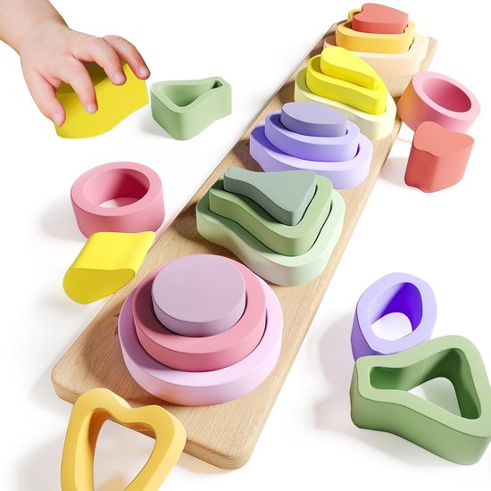 Tolvia Montessori Houten Stapelspeelgoed - Fruit Stapel Puzzle voor Peuters - Educatief Speelgoed 2-3 Jaar - Fijne Motoriek & Kleuren Herkennen