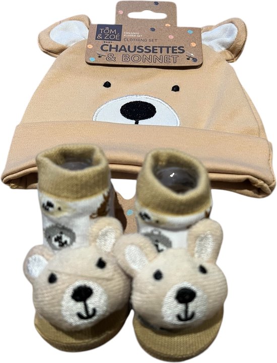 Tom en Zoe - Babysokjes met muts - Beer - 0 tot 6 maand - Geschenk set - Bruin van Tom en Zoe