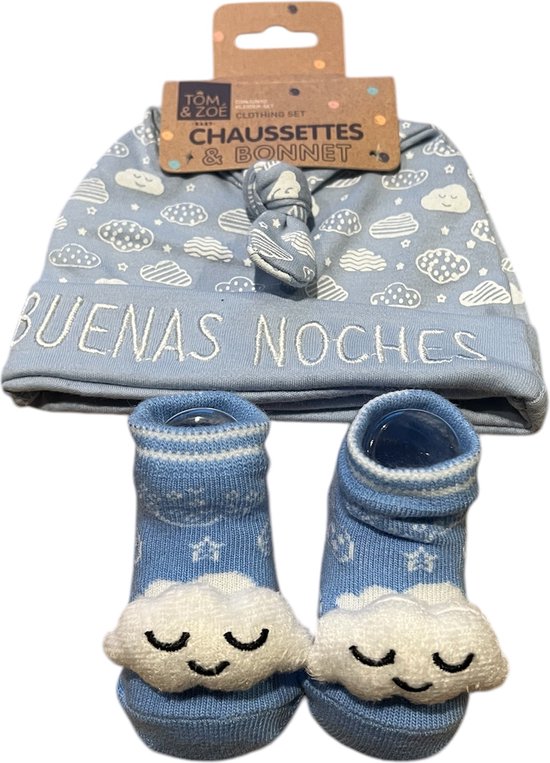 Tom en Zoe - babysokjes met muts - wolk - 0 tot 6 maand - geschenk set- blauw van Tom en Zoe