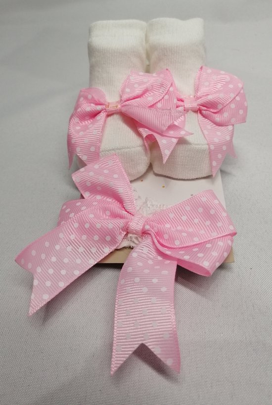 Tom & Zoe - Baby Haarband met Bijpassende Sokjes - Meisje - Room Wit met Zachtroze Strik - Set - Kant - 0-6 mnd - Kraam Kado Tip !! van Tom & Zoe